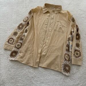 Beige Crochet Sleeve Shirt/Cover Up